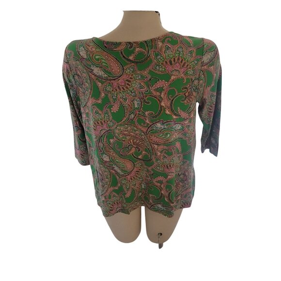 J JILL Paisley Print Green & Pink Womens 3/4‎ Sleeve Top Size M - Picture 4 of 6
